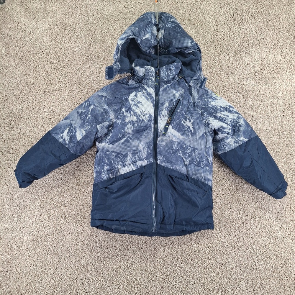 Snozu Puffer Jacket Kids 6 Navy Blue Mountain Print Full Zip Long Sleeve Hooded